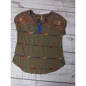 FREE PEOPLE Top Boho  Blouse Women's  Small Petite Multicolor Short Sleeves